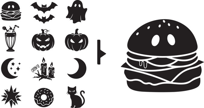 Halloween icons and a burger graphic design elements