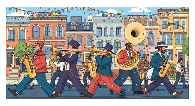 Jazz band marching down a vibrant city street with colorful buildings and blue sky background