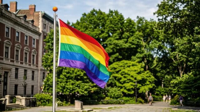 Rainbow pride flag waving on a flagpole in an urban park setting on a sunny day