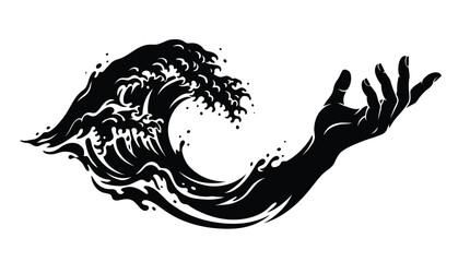 Fototapeta premium Black silhouette illustration of a human hand merging into a powerful ocean wave flowing motion