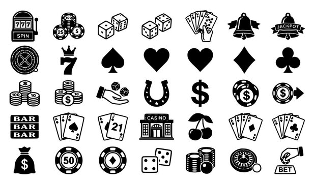Black and white casino gambling icons set with slot machine symbols poker chips dice and playing cards vector illustration collection