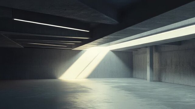 Empty interior of a modern industrial concrete space featuring clean brutalist architecture, minimal design, and natural light casting strong beams across the floor
