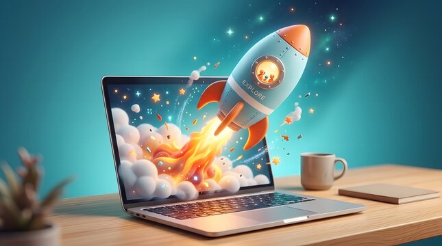 Laptop with rocket launching into space on screen