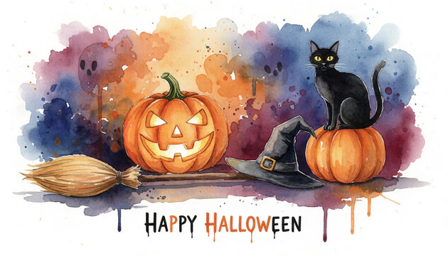 Watercolor halloween greeting card with pumpkin and witch attributes