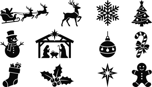 Christmas holiday icons set featuring Santa sleigh, reindeer, snowflake, tree, nativity, snowman, star, and festive celebration silhouettes