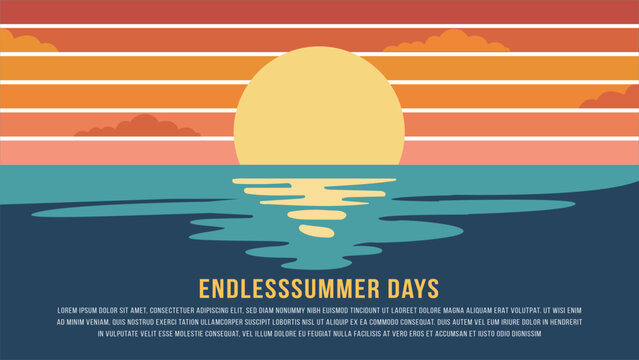 Retro pixel art sunset over a calm ocean water surface, with stripes of orange and yellow sky in a nostalgic 80s vaporwave aesthetic style for summer beach holiday graphic design background