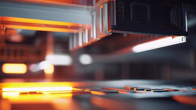 Close up of a futuristic industrial machine working, creating advanced hardware components on a high tech automated production line with glowing light details