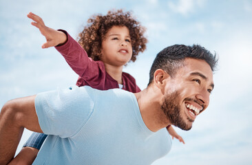 Airplane, smile and father with son outdoor for bonding, summer vacation and game. Connection,...