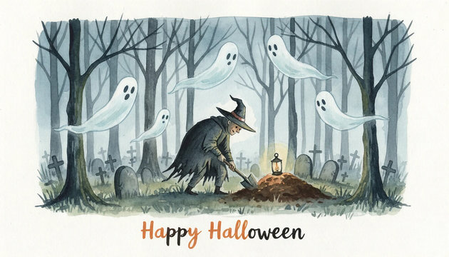 A Halloween pattern featuring a spooky autumn night with a cemetery, a gravedigger, and ghosts