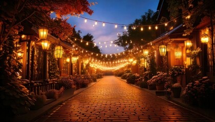 Obraz premium Enchanting Evening Street Scene with Warm Lanterns and String Lights.
