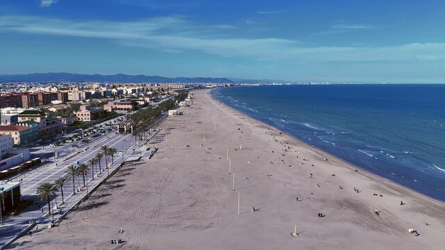 Aerial Drone View of Malvarrosa Beach Valencia Spain on Sunny Day
