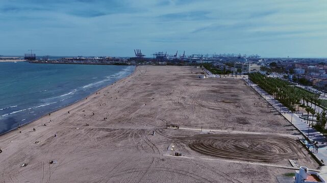 Aerial Drone View of Malvarrosa Beach Valencia Spain on Sunny Day
