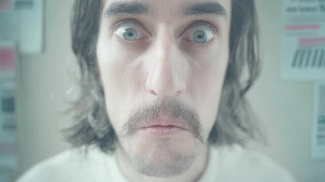 News drives crazy comic scream horror funny Close-up of a man&rsquo;s face with intense blue eyesdark facial hair transitioning from calm to surprise and nervous lip bite in a bright soft-focus background