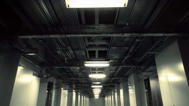 Long corridor within a modern high tech data center, rows of server racks extending into the distance under brightly lit glowing fluorescent lights and exposed cabling