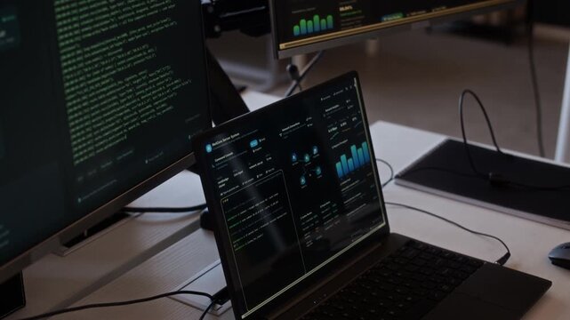Handheld shot of computer monitors and laptop with programming codes and digital interface on screens in modern office, no people