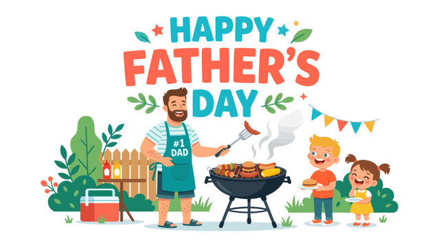Happy Father's Day: A cheerful illustration captures a Father's Day scene with a father grilling, attended by his children, and celebratory decorations, all bathed in a warm and inviting atmosphere.