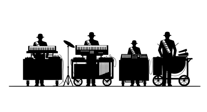 Silhouettes of four musicians playing keyboards on carts with wheels on white background