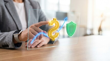 Fototapeta premium Financial Security and Growth Concept: Professional Hand Interacting with 3D Currency Hologram and Shield Icon on Digital Dashboard
