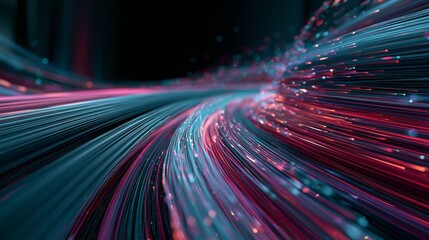 Fototapeta premium A vibrant abstract image of colorful digital lines and dots moving in a futuristic curved motion