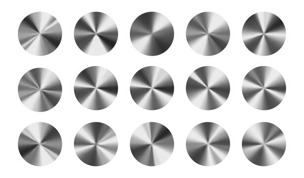 Silver chrome mesh circle vector set. Premium conic gradient metal shapes featuring brushed steel and polished aluminum texture for modern UI buttons and industrial design.