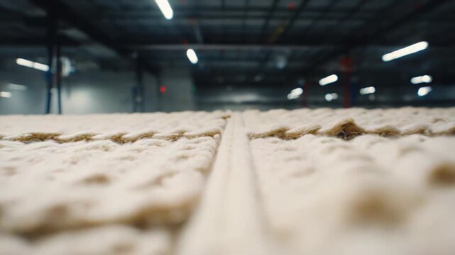 Raw wool fibers and impurities laying on a wide surface, representing natural insulation material and the initial stage of yarn production in a factory setting