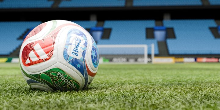 FIFA World Cup 2026 ball on green grass, football banner background for championship concept	