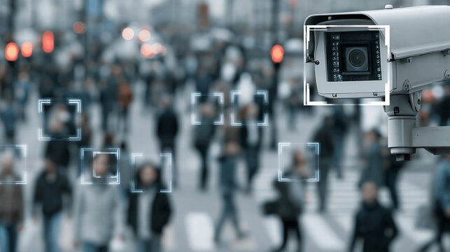 A security camera monitors a busy city street with facial recognition technology in use