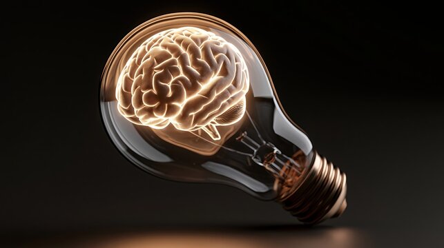 A glowing lightbulb with a brain inside represents a brilliant idea or innovation in a dark space