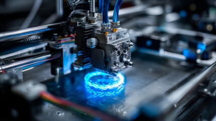 Fototapeta premium Close-up of a 3D printer in operation, depositing a glowing blue ring on a metallic surface, with detailed machinery