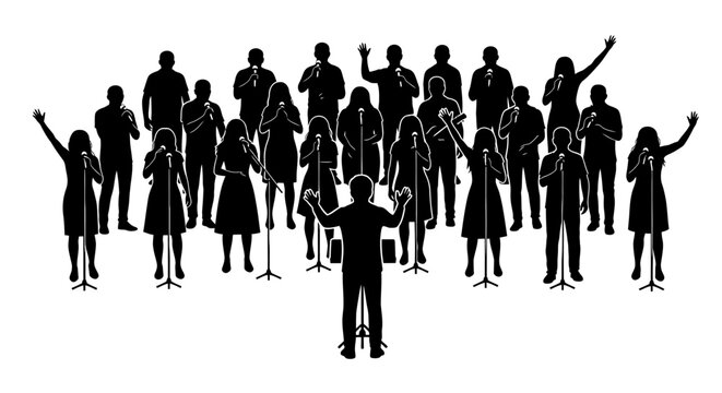 Silhouette of choir singing with conductor leading on white background music performance concept