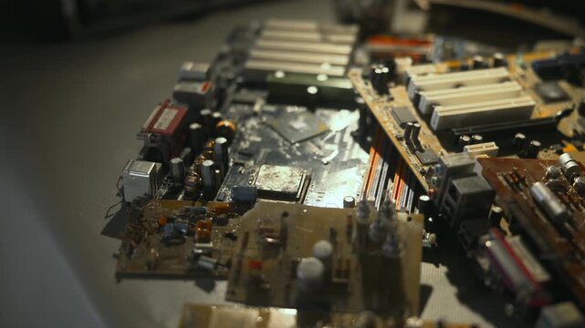 Motherboard Detailed View. Electronic Circuit With Empty Slots. Closeup Of Computer Motherboard And Components . Media