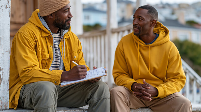 Small business owner negotiating vendor contract terms on a porch step with supplier representative, handwritten notes on clipboard, confident body language, neighborhood backdrop, ethical supply ch