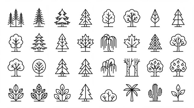 Minimalist Tree Line Art Icon Set for Nature and Environment Design