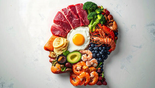 A healthy brain composed of nutritious foods, representing a balanced diet for cognitive function and overall well-being