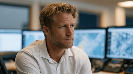 Fototapeta premium National weather service meteorologist alone at emergency operations console during active heat dome alert, multiple monitor displays showing temperature maps, July heat wave crisis, federal atmosph