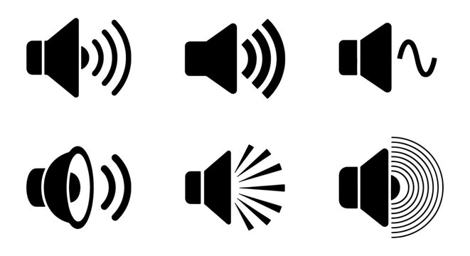 Six black speaker icons representing sound volume levels, audio signals, and acoustic waves, vector graphics for media and communication design