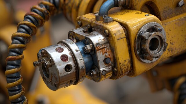 Close-up of a weathered yellow industrial arm's joint, revealing bolts, wiring, and metallic textures with hints of rust and age
