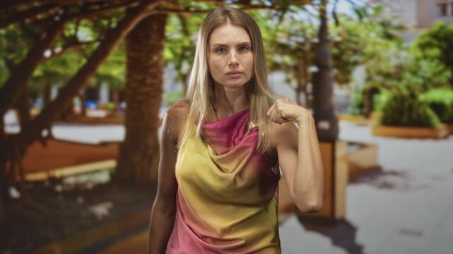 Woman in a sleeveless multicolored draped top touching her arm and collarbone on a street plaza; quiet defiance.