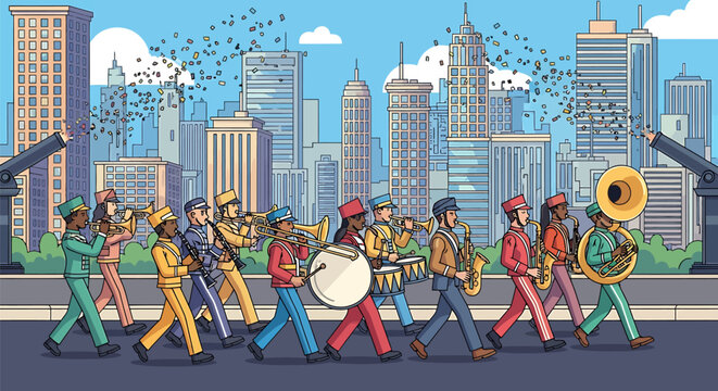 Colorful marching band performing on city street with skyscrapers background