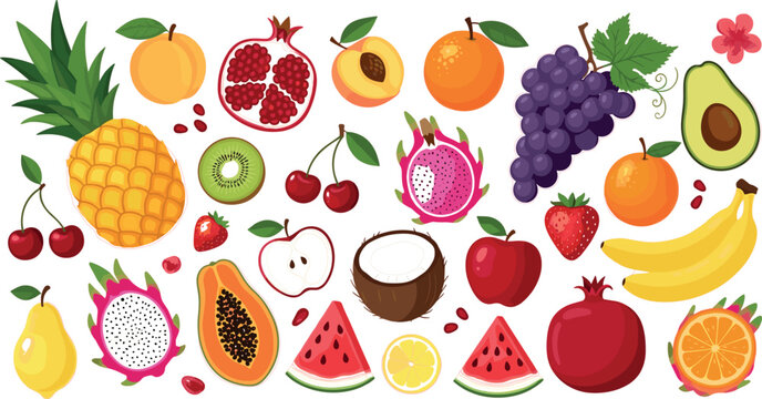 "Set of Colorful Fruit Illustrations with Pineapple, Apple, Banana, Orange, Kiwi, and More"