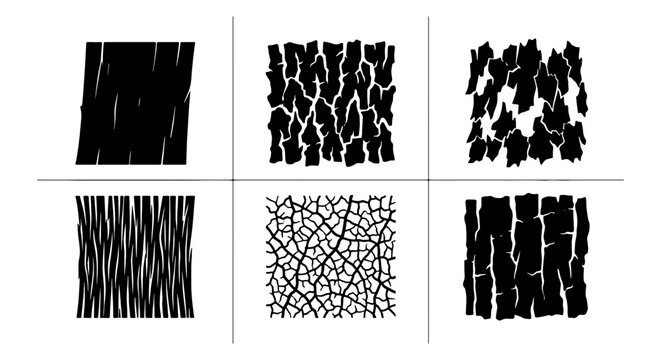 Six Black and White Grunge Texture Vector Icons, Rough Surface Patterns for Graphic Design, Abstract Scratchy Background Elements, Distressed Overlay Styles