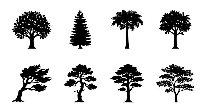 Diverse Tree Silhouettes Collection, Vector Graphics Set: Evergreen, Palm, Deciduous, Windblown Styles for Nature and Landscape Design Elements