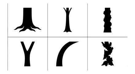 Tree Trunk Silhouettes, Diverse Bark Textures, Root Systems, Branching Forms, Natural Wood Elements, Botanical Vector Icons © Ahsan