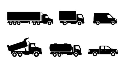 Set of 6 Black Silhouette Truck Icons: Semi-Trailer, Box Truck, Van, Dump Truck, Tanker, Pickup Truck, Vector Graphics for Logistics and Delivery © Rakib