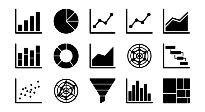 Data Visualization Icons Set: Bar, Pie, Line, Radar, Funnel Charts & Graphs for Business Analytics and Reporting
