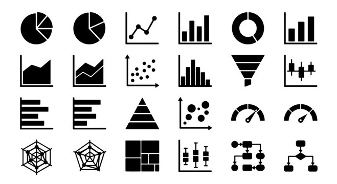 25 Data Visualization Icons: Charts, Graphs, Analytics, and Diagrams, Vector Set for Business and Technology