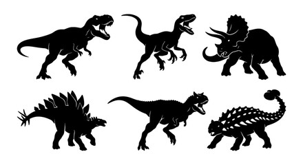 Dinosaur Silhouettes Collection, Prehistoric Reptile Vector Icons, Jurassic Era Creatures Set, Ancient Wildlife Graphics © Rakib