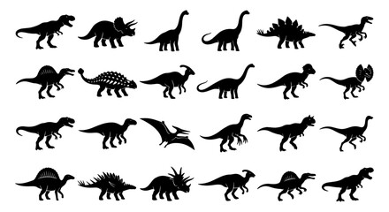 Collection of 25 Dinosaur Silhouettes, Prehistoric Vector Icons for Children's Designs, Jurassic Era Creatures, Paleontology Graphics © Naimul