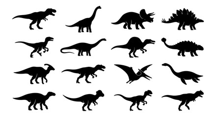 Dinosaur Silhouettes Collection, Prehistoric Reptile Vector Icons, Jurassic Era Creatures Set, Ancient Wildlife Graphic Elements © Naimul