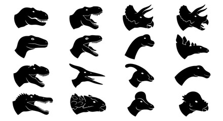 Dinosaur Silhouettes Collection, Prehistoric Creature Icons Set, Jurassic Era Animal Heads Vector Graphics, Paleontology Illustration Elements © Rakib